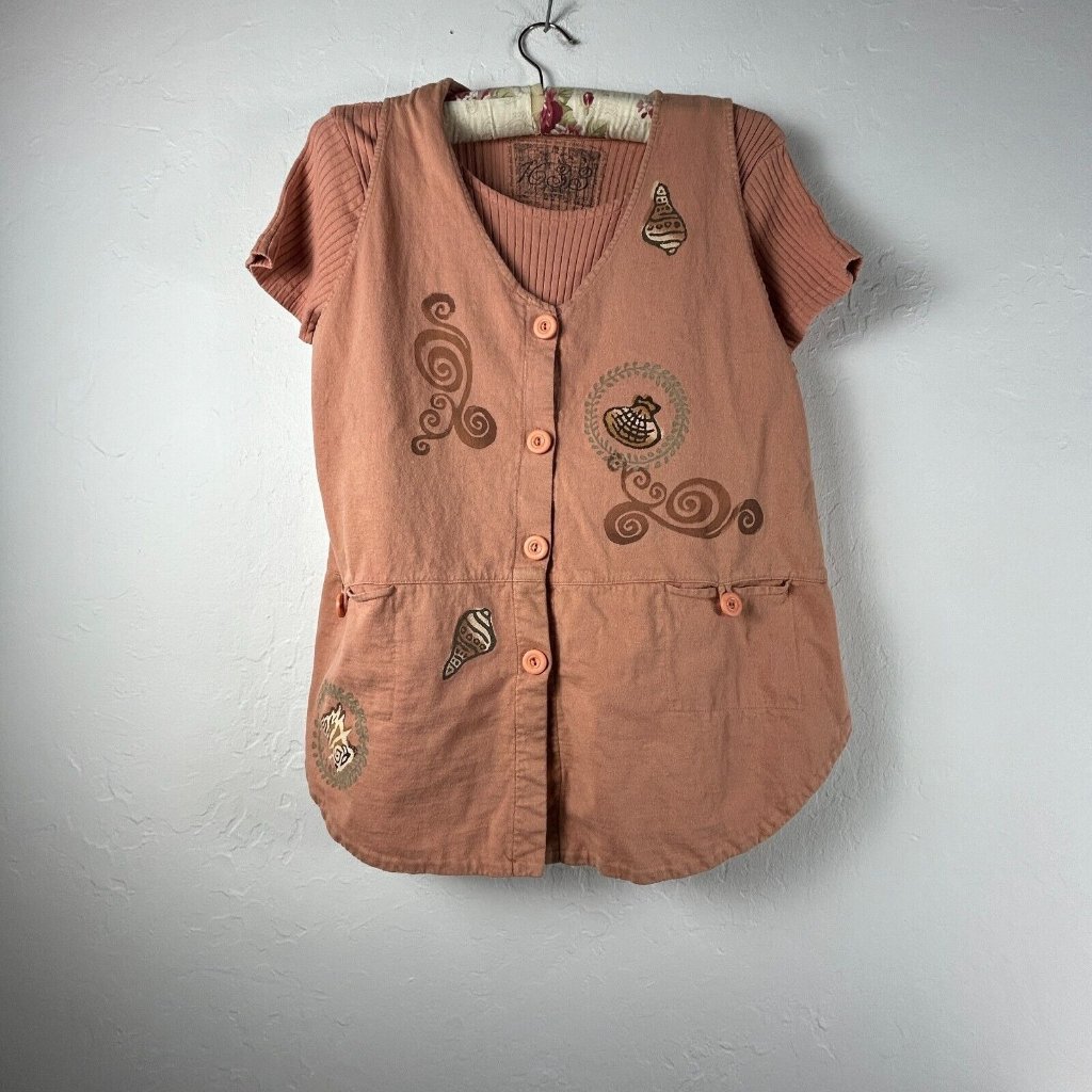 Becky’s 1633 Womens Top & Vest Brown Coral Sea Shells Print Short Sleeve Tee M